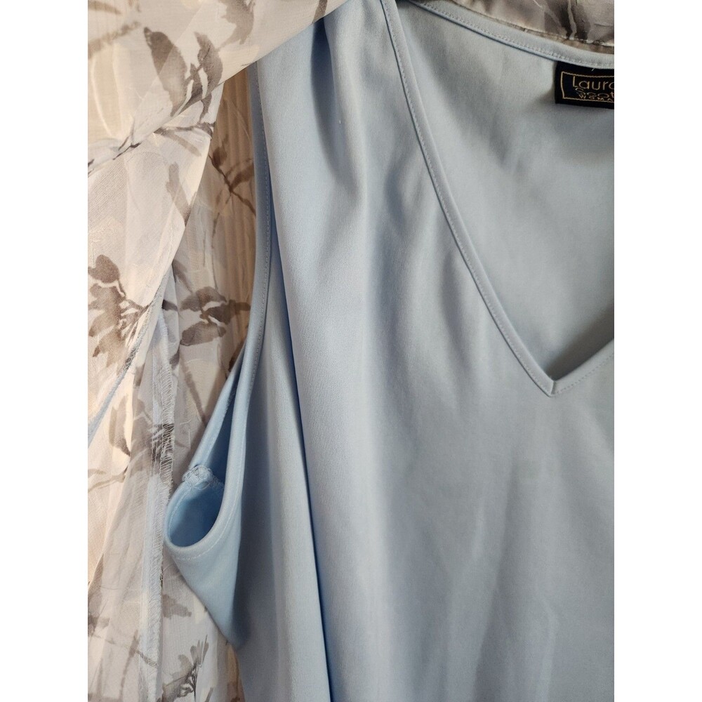 Laura Scott Women's 26W Blouse Tank Set Sheer Blue Gray Floral Button-Up V-Neck - Picture 5 of 8